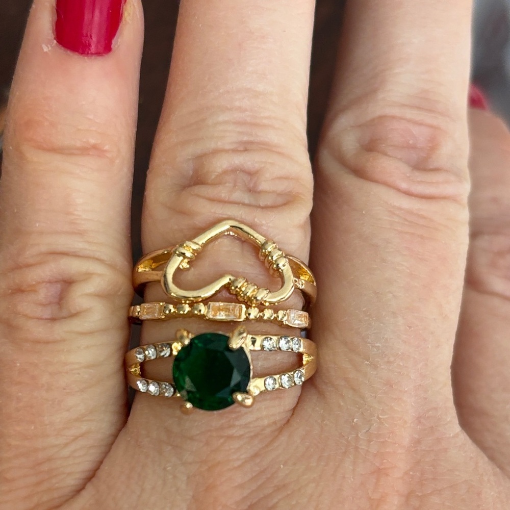 Elegant Gold and Green Stone Ring Set three rings